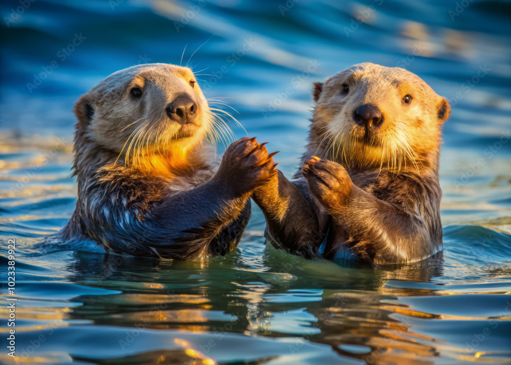 Playful sea otters holding hands while floating in water create heartwarming scene. Their joyful expressions and gentle movements evoke sense of connection and happiness Playful sea otters holding hands while floating in water create heartwarming scene. Their joyful expressions and gentle movements evoke sense of connection and happiness