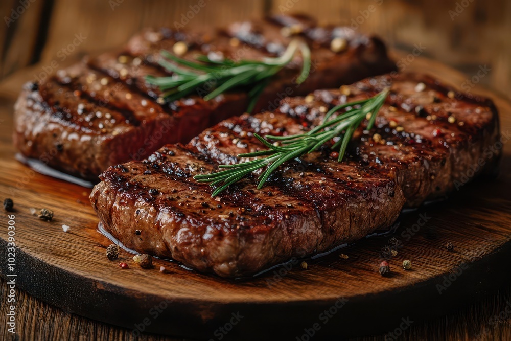 gourmet plate of expertly cooked steaks garnished with fresh rosemary styled on a rustic wooden table with a clear area for additional culinary illustrations or text gourmet plate of expertly cooked steaks garnished with fresh rosemary styled on a rustic wooden table with a clear area for additional culinary illustrations or text
