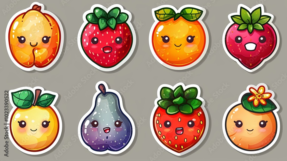 Set of sticker comic character fruit and phrase. Groovy strawberry flower peach in 60s 70s. Retro labels with trendy food Set of sticker comic character fruit and phrase. Groovy strawberry flower peach in 60s 70s. Retro labels with trendy food