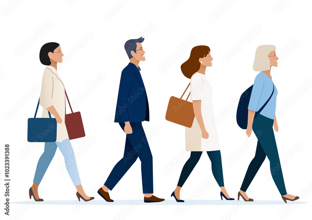 Fototapeta premium A diverse group of individuals walking together, showcasing modern fashion and professional bags in a stylish urban setting.