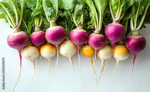 fresh purple and white turnips with tops. Perfect for healthy eating, cooking, and farming concepts. organic food. 
