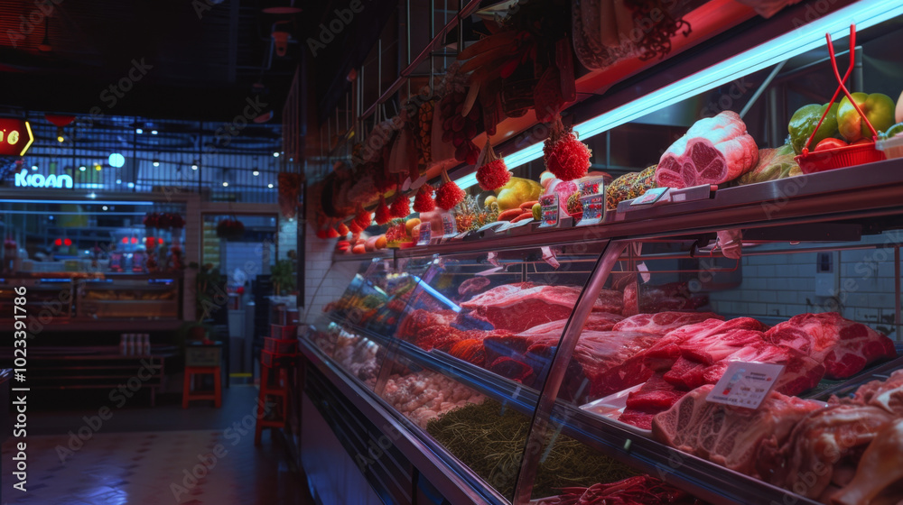 Sideview of a stylish butcher shop and its fridge counter with meat Sideview of a stylish butcher shop and its fridge counter with meat
