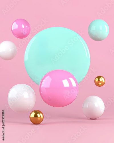 Colorful spheres in various sizes on a soft pink backdrop, creating a playful and modern aesthetic.