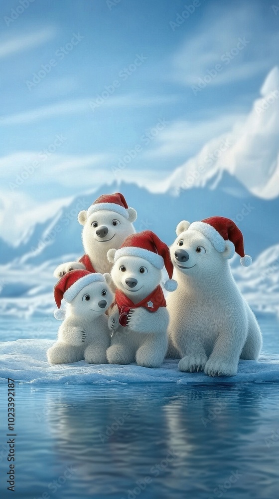 Polar bear family in Santa hats, ice skating on frozen lake, 3D cartoon Polar bear family in Santa hats, ice skating on frozen lake, 3D cartoon
