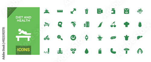 Set of filled icons related to diet and health, mental health and more, glyph icon collection for web and ui. Filled symbol pack, Editable and Vector illustration.