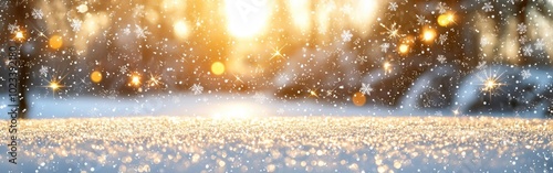 An enchanting winter landscape adorned with snow and golden bokeh lights at sunset photo