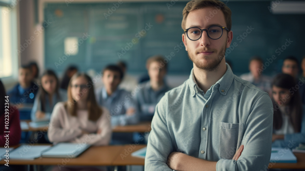 A man stands confidently in front of a classroom of students A man stands confidently in front of a classroom of students