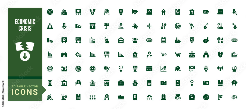 Economic crisis solid web icons set, decrease, layoff, pay cuts and more. Glyph icon collection for web and ui. Filled symbol pack, Editable and Vector illustration.