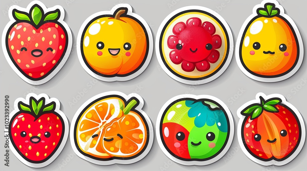 Set of sticker comic character fruit and phrase. Groovy strawberry flower peach in 60s 70s. Retro labels with trendy food Set of sticker comic character fruit and phrase. Groovy strawberry flower peach in 60s 70s. Retro labels with trendy food