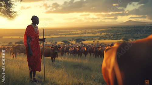 A realistic image of a Maasai man standing among his cattle on the African savannah during sunset. He is dressed in traditional red and black patterned attire, holding a wooden staff