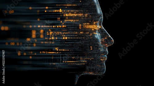 Digital Human Head with Binary Code and Glowing Lights photo