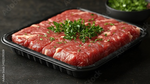 Plastic Beef Tray Mockup with Black and White Label Design for Packaging photo