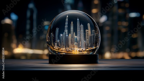 Cityscape Reflection in Glass Sphere on Wooden Table