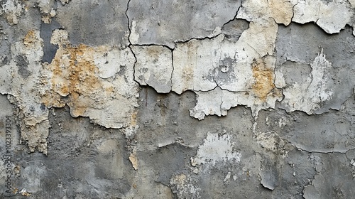 Cracked and Peeling Concrete Wall with Patches of White and Yellow Paint