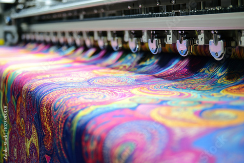 Advanced Textile Printing Machine in Action: Creating Bold, Vibrant Fabrics in a Factory Environment