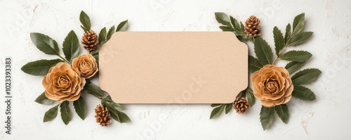 Floral frame with beige label, featuring golden flowers and pine cones on a light background.