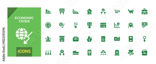 Economic crisis solid web icons set, decrease, layoff, pay cuts and more. Glyph icon collection for web and ui. Filled symbol pack, Editable and Vector illustration.