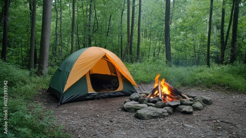 A tent and a campfire at a campsite