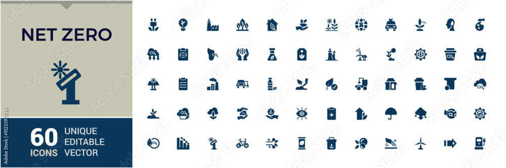 Net zero solid icons set. ecology, sustainable, environmental and more, app, template, ui and wed, Minimal fill symbol, Editable and pixel perfect, Vector illustration.