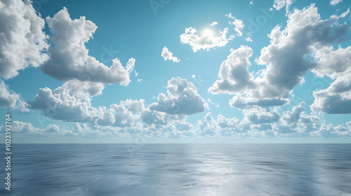 Sea and Sky with White Clouds,  3D Illustration