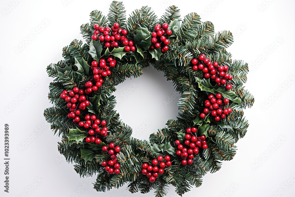 Christmas wreath with red berries on white Christmas wreath with red berries on white