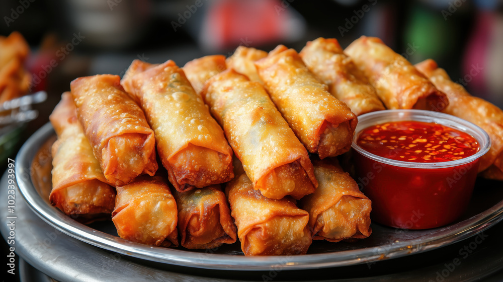 Crispy Thai spring rolls served with spicy dipping sauce, perfect for snacking! Crispy Thai spring rolls served with spicy dipping sauce, perfect for snacking!