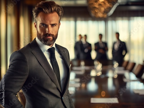 A confident businessman in a high-end tailored suit  posing confidently in a boardroom  