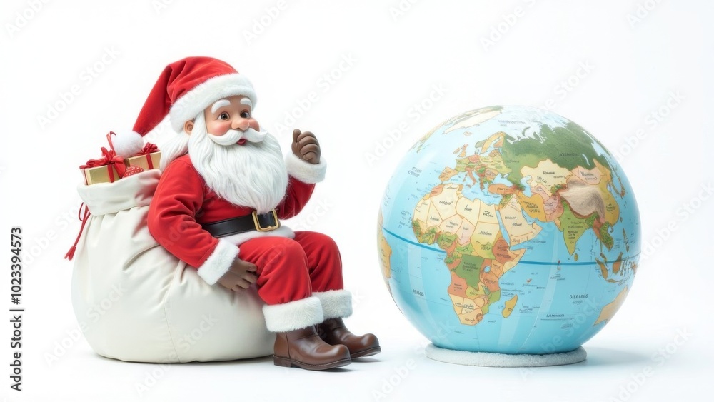 Fototapeta premium Santa is walking around the planet. The idea of the New Year across the earth, the idea of the fragility of the world and the beauty of planet Earth