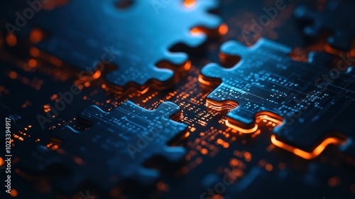 This image depicts a close-up of a circuit board with puzzle piece shapes, highlighted in blue, symbolizing complex technology and problem-solving in electronics.