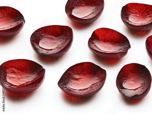 Red gelatin dessert shaped like petals on white isolated background. photo