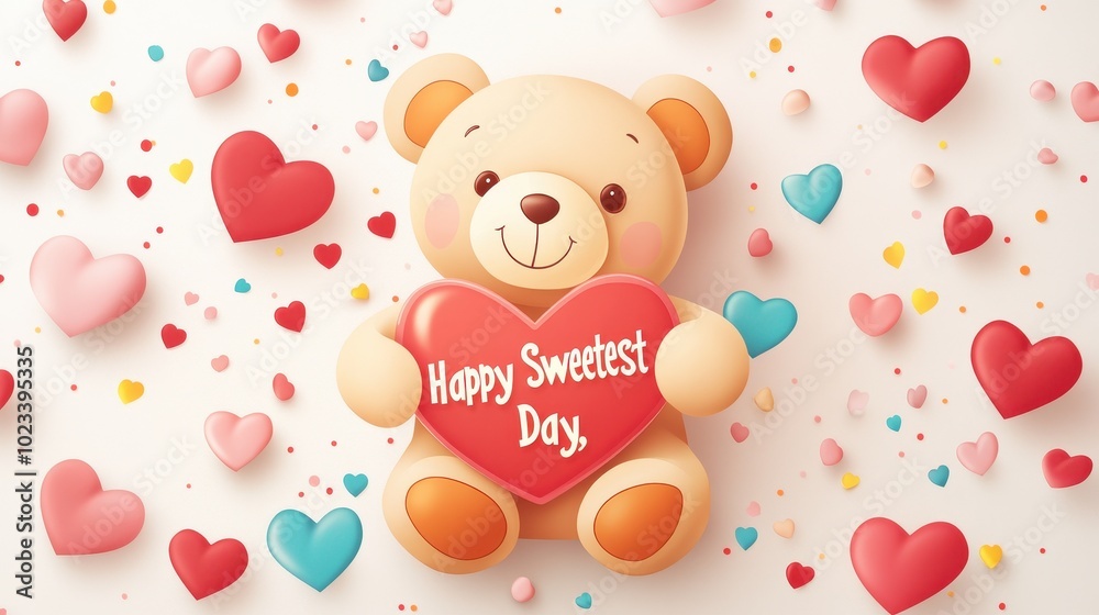 A cheerful teddy bear holds a red heart surrounded by various colorful hearts for Sweetest Day A cheerful teddy bear holds a red heart surrounded by various colorful hearts for Sweetest Day