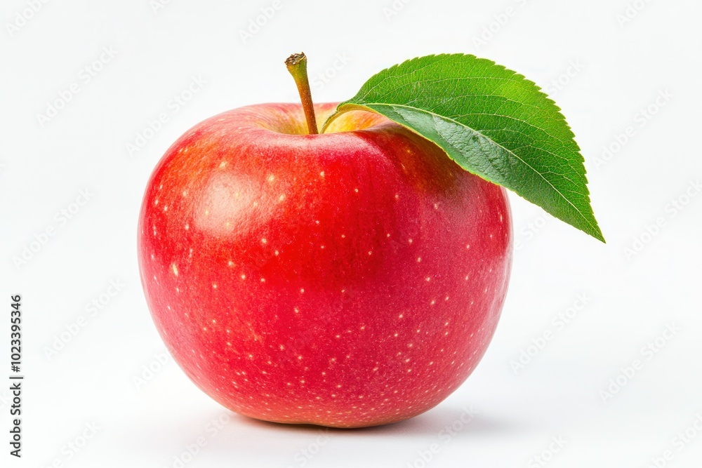 Fresh Red Apple with Green Leaf on Clean Background Fresh Red Apple with Green Leaf on Clean Background