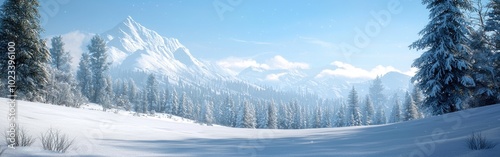 A serene winter landscape featuring snow-covered trees and mountains under a clear blue sky