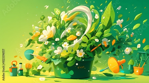 A vibrant burst of green leaves, flowers, and gardening tools swirling out from a central pot, creating an energetic, nature-filled explosion cartoon style illustration photo