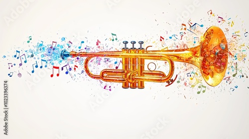 A golden trumpet amidst a burst of vibrant notes, capturing the essence of music, artistic creativity, and expression in a colorful and lively depiction.