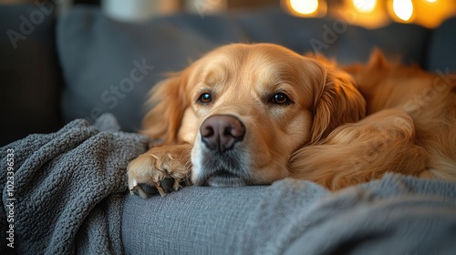 happy golden retriever lounging on a cozy sofa in a modern living room showcasing warmth and companionship enhanced by soft lighting and stylish decor capturing the essence of home