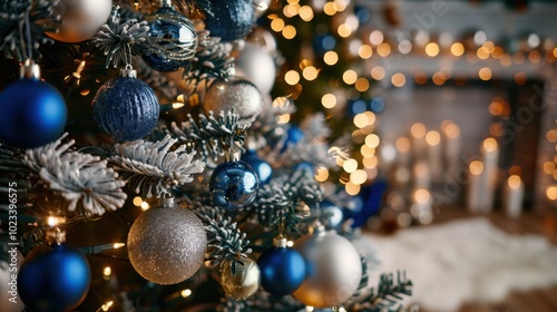 Festive Christmas Tree with Blue and Silver Ornaments