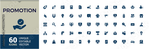Promotion solid Icons Set. Relatate to Sales, and Commerce, Labels, Gift Cards and New Arrivals. Editable filled icon collection. Pixel perfect, Vector illustration.