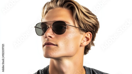 An elegant young man in sunglasses with a modern haircut