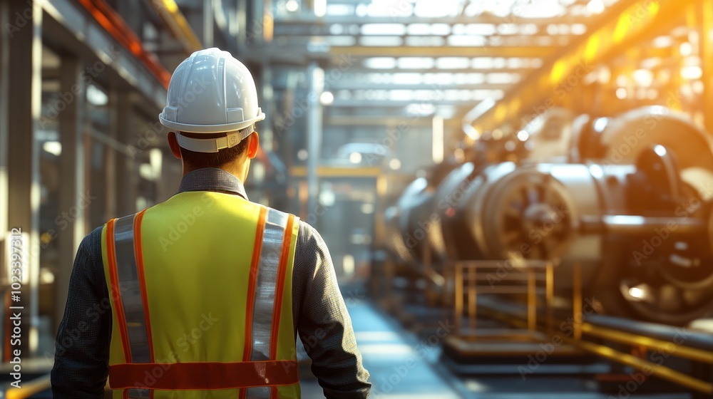 Worker in safety gear observing machinery in an industrial setting. Worker in safety gear observing machinery in an industrial setting.