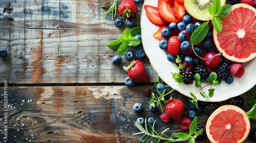 Fresh and Colorful Fruit Arrangement on Wooden Table Fresh and Colorful Fruit Arrangement on Wooden Table