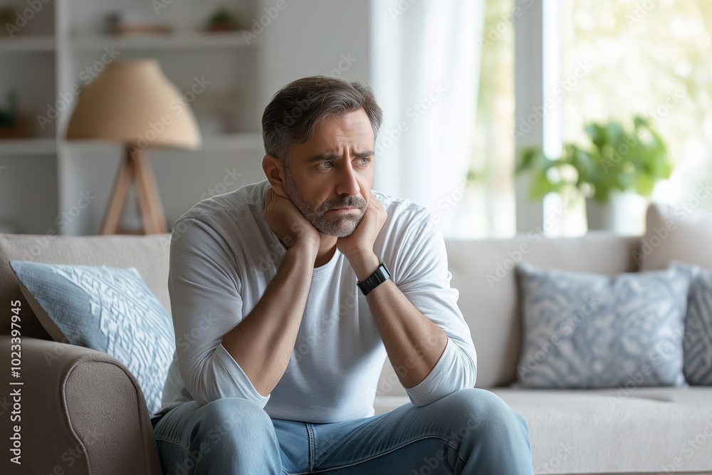 A man sits on a couch with his head in his hands. He looks sad and is staring off into the distance A man sits on a couch with his head in his hands. He looks sad and is staring off into the distance