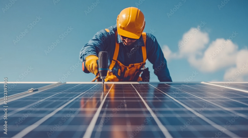 A construction worker installs solar panels on a sunny day. A construction worker installs solar panels on a sunny day.