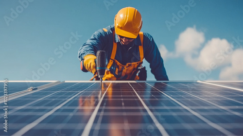 Wallpaper Mural A construction worker installs solar panels on a sunny day. Torontodigital.ca