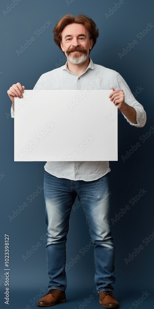 A man is holding a white sign. The sign is blank, and the man is smiling. Concept of positivity and optimism A man is holding a white sign. The sign is blank, and the man is smiling. Concept of positivity and optimism
