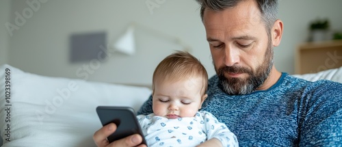 Parent using a smartphone to monitor their child via a baby cam, tech-savvy family, stock photo style photo