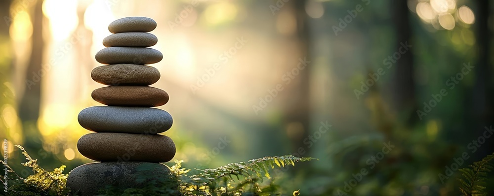 Harmonious stack of stones in a lush forest, with beams of morning light, creating a backdrop for meditation and concentration Harmonious stack of stones in a lush forest, with beams of morning light, creating a backdrop for meditation and concentration