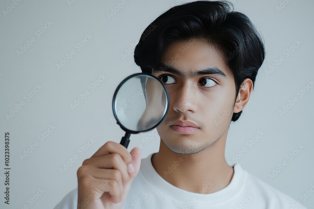 Young Man Examining with a Magnifying Glass Young Man Examining with a Magnifying Glass