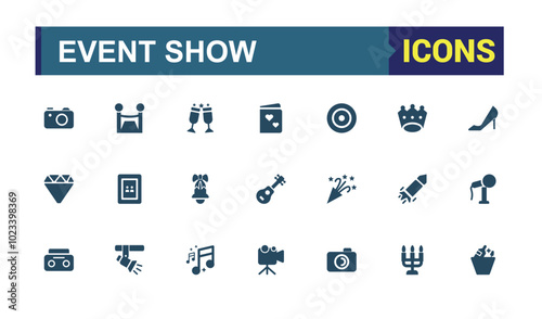 Event Show Filled icons set. Containing stage, spotlight, cinema, ticket, event and more. Solid icons collection for web and ui. Pixel perfect, Editable vector illustration.