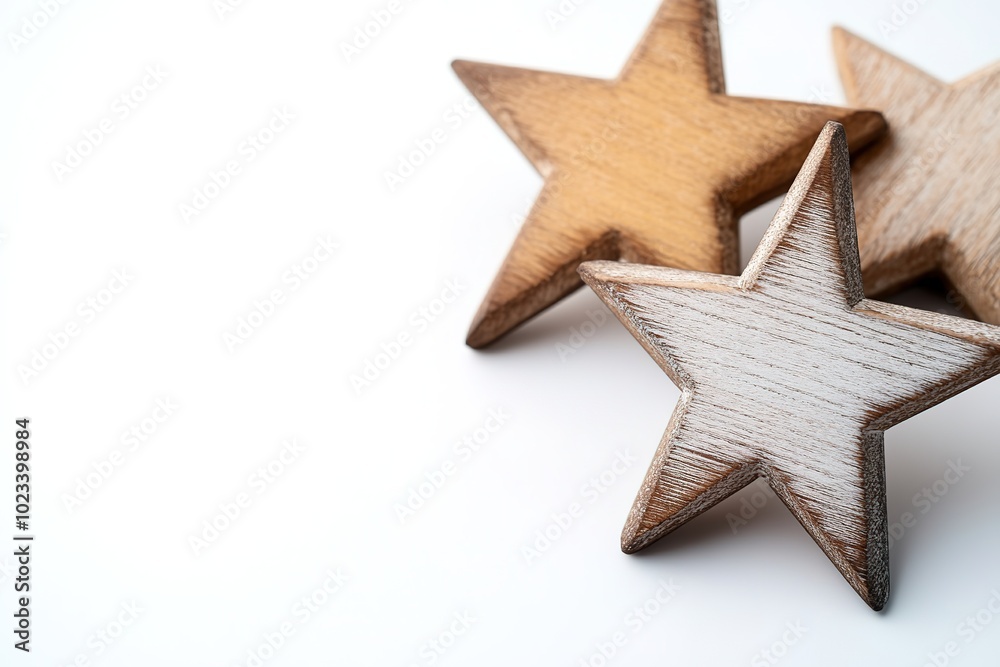 Three rustic wooden stars on white backdrop.